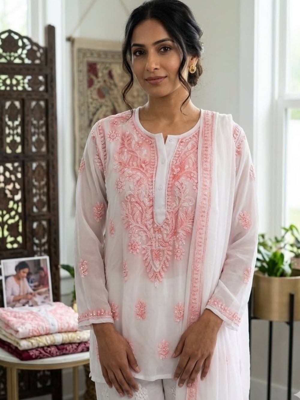 Elegant Women's White & Pink Embroidered Tunic Top